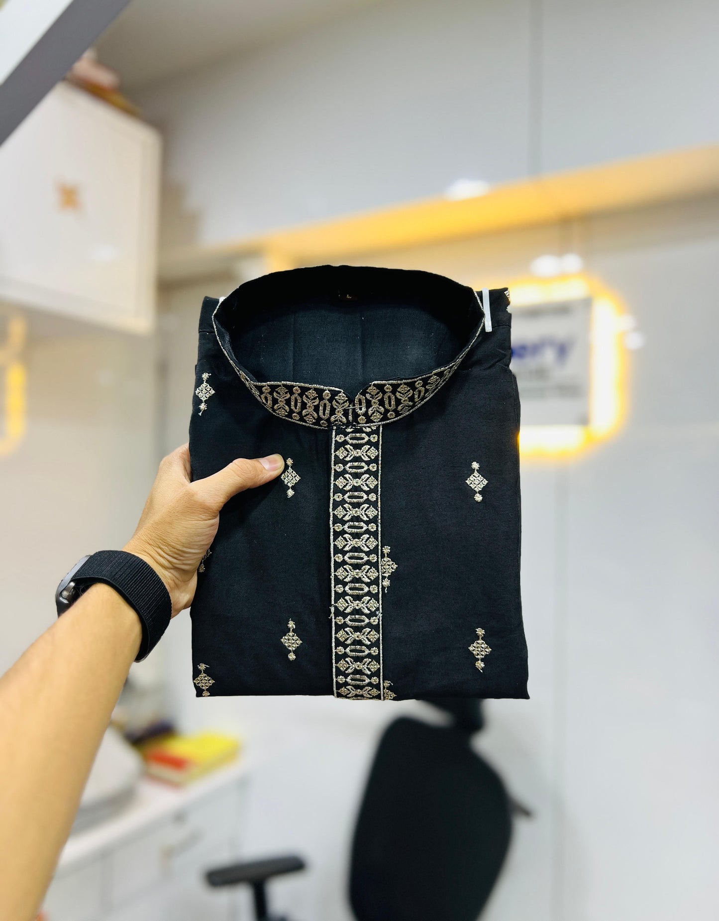 Black color silk embroidery work kurta pajama for wedding