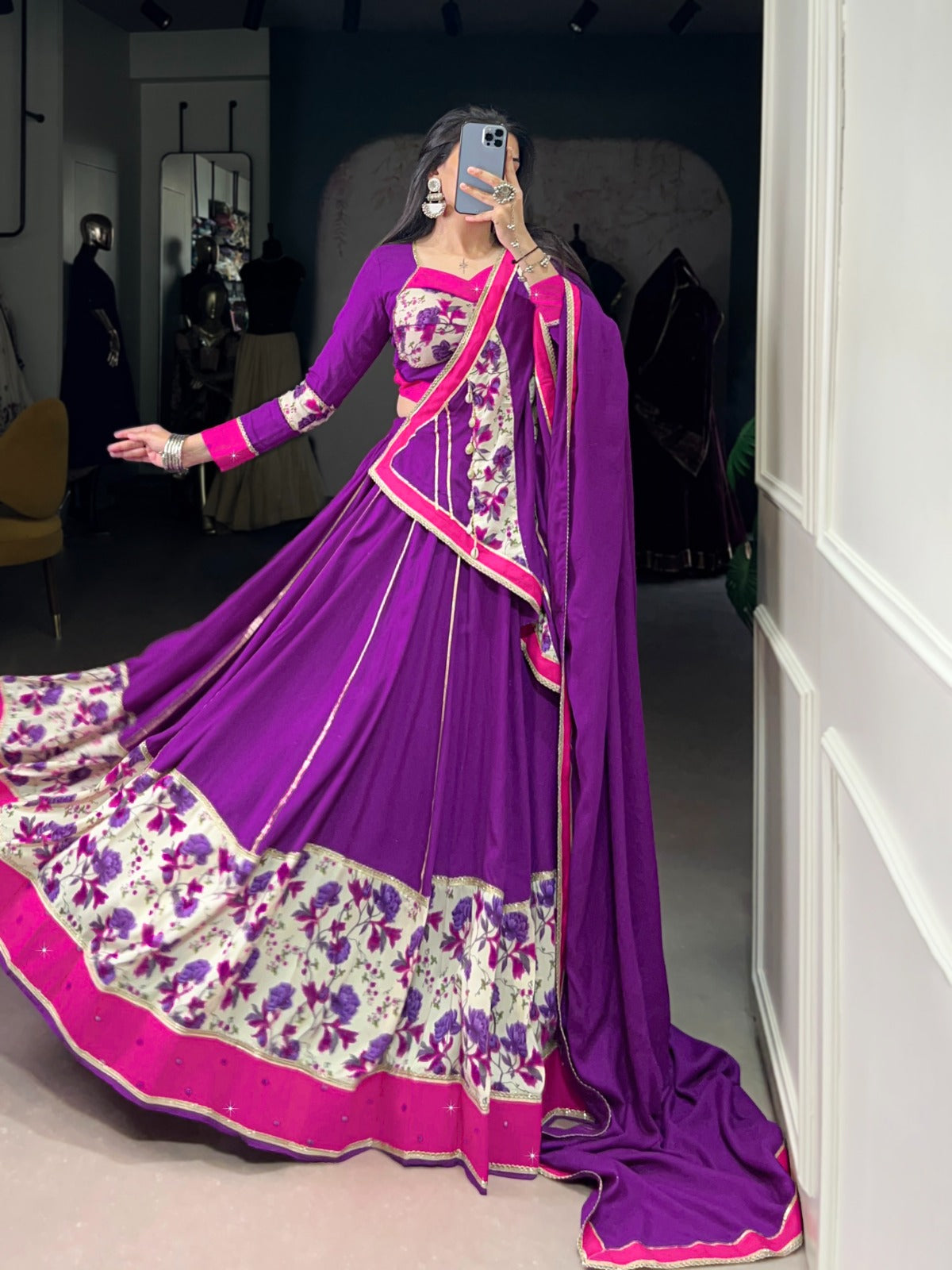 Printed purple rayon chaniya choli with online
