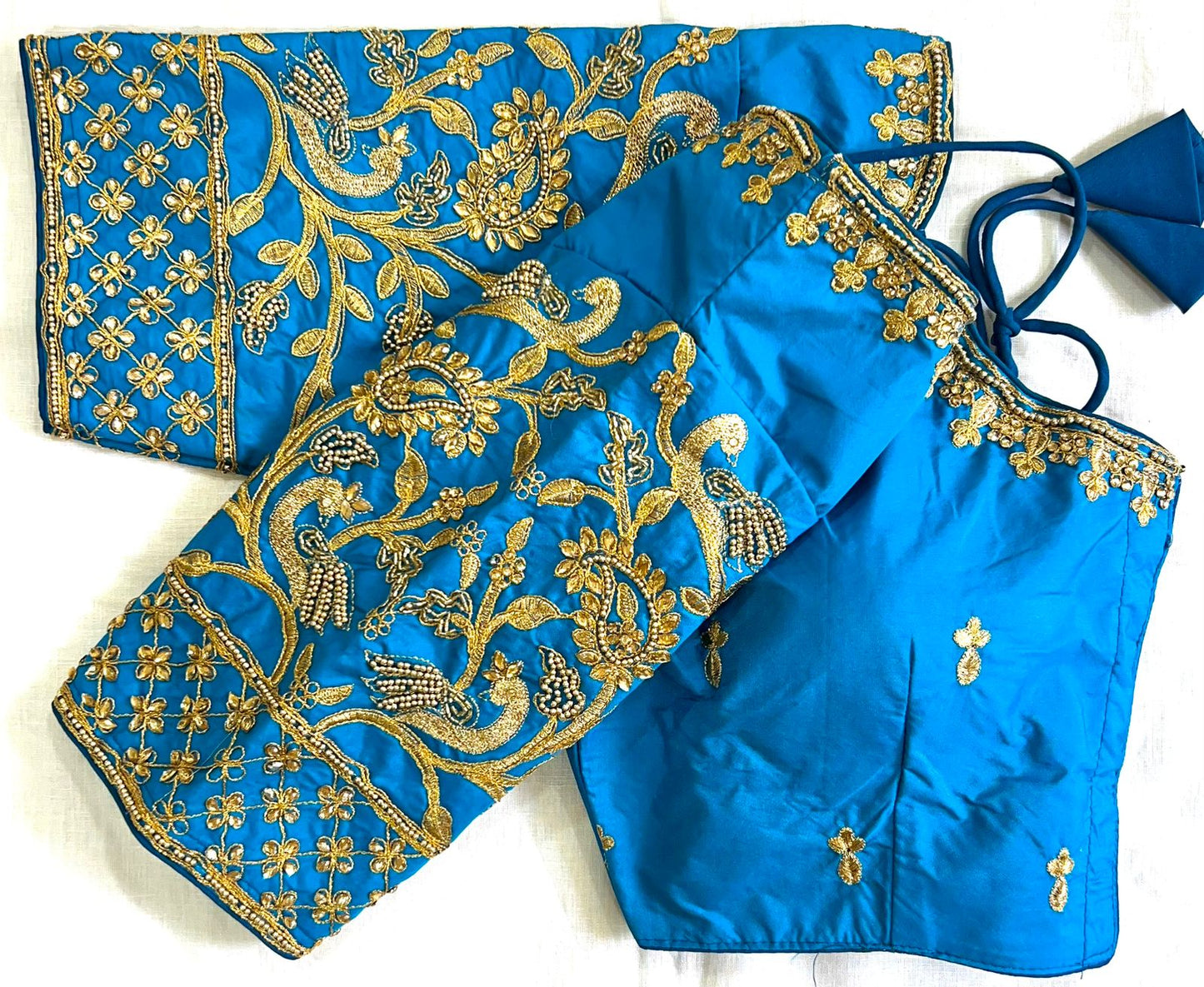 Sky color banarasi silk saree and lehenga blouse