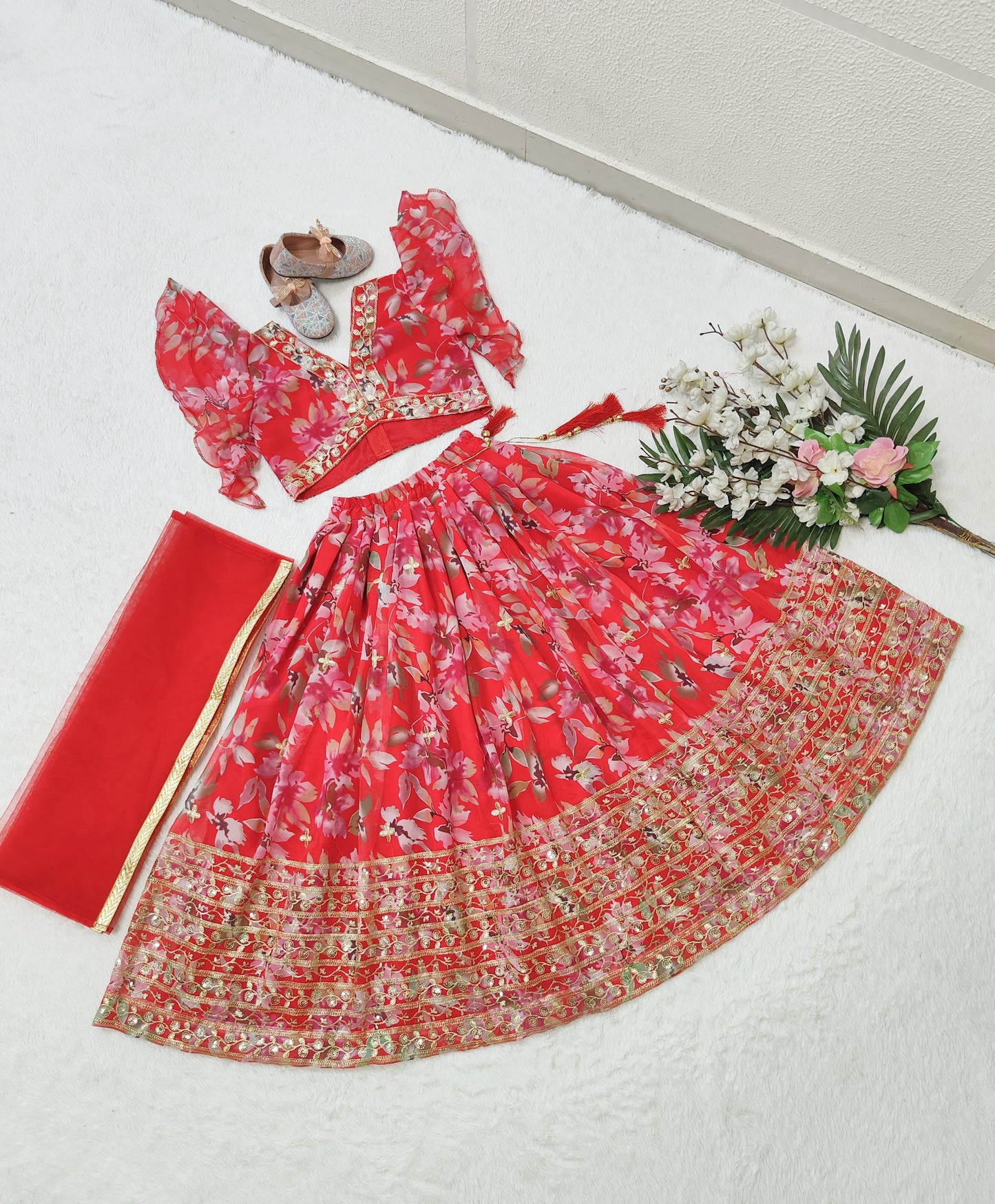 Red georgette lehenga choli for small girls images