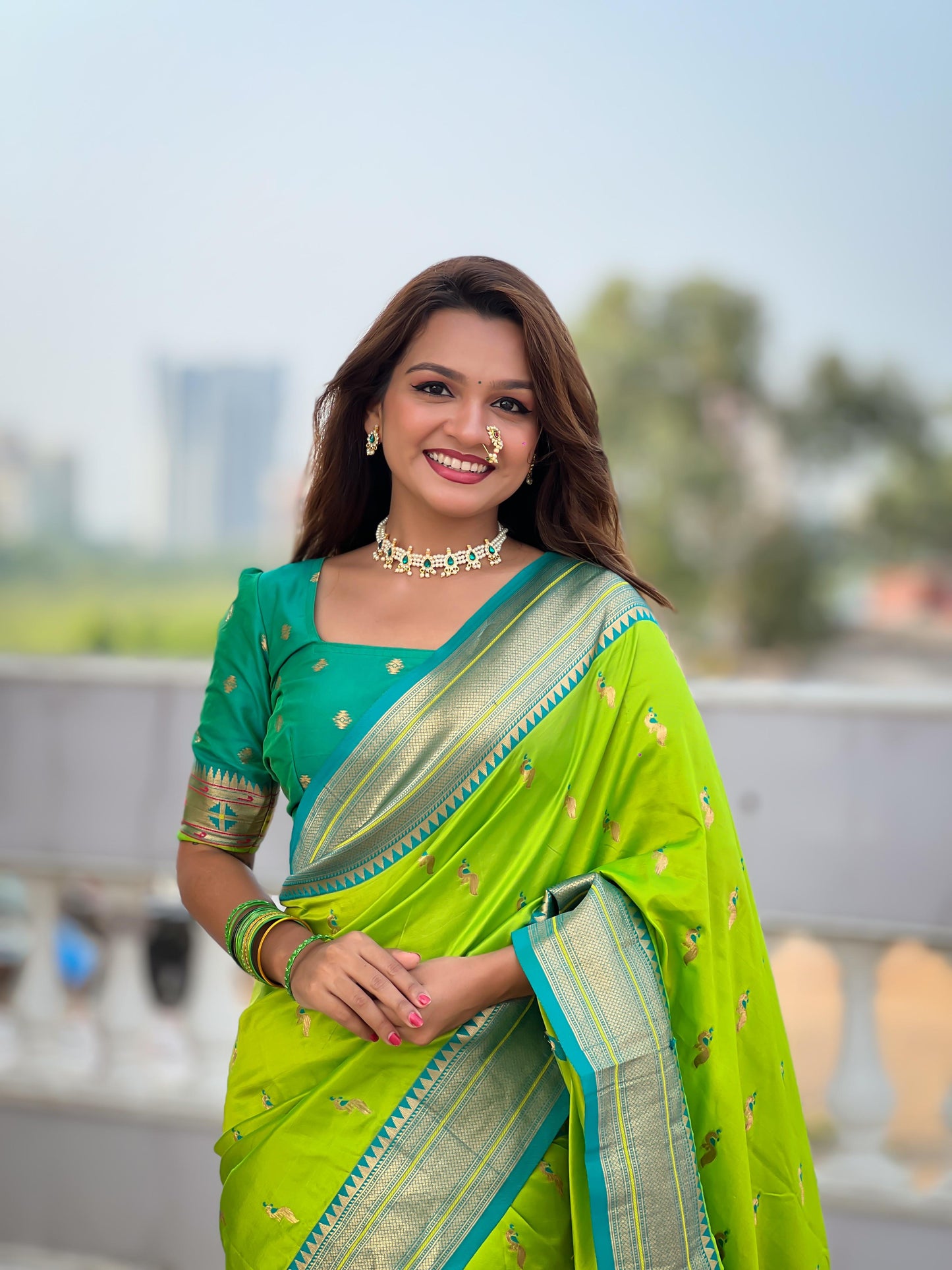 Parrot green paithani silk saree for women online shopping