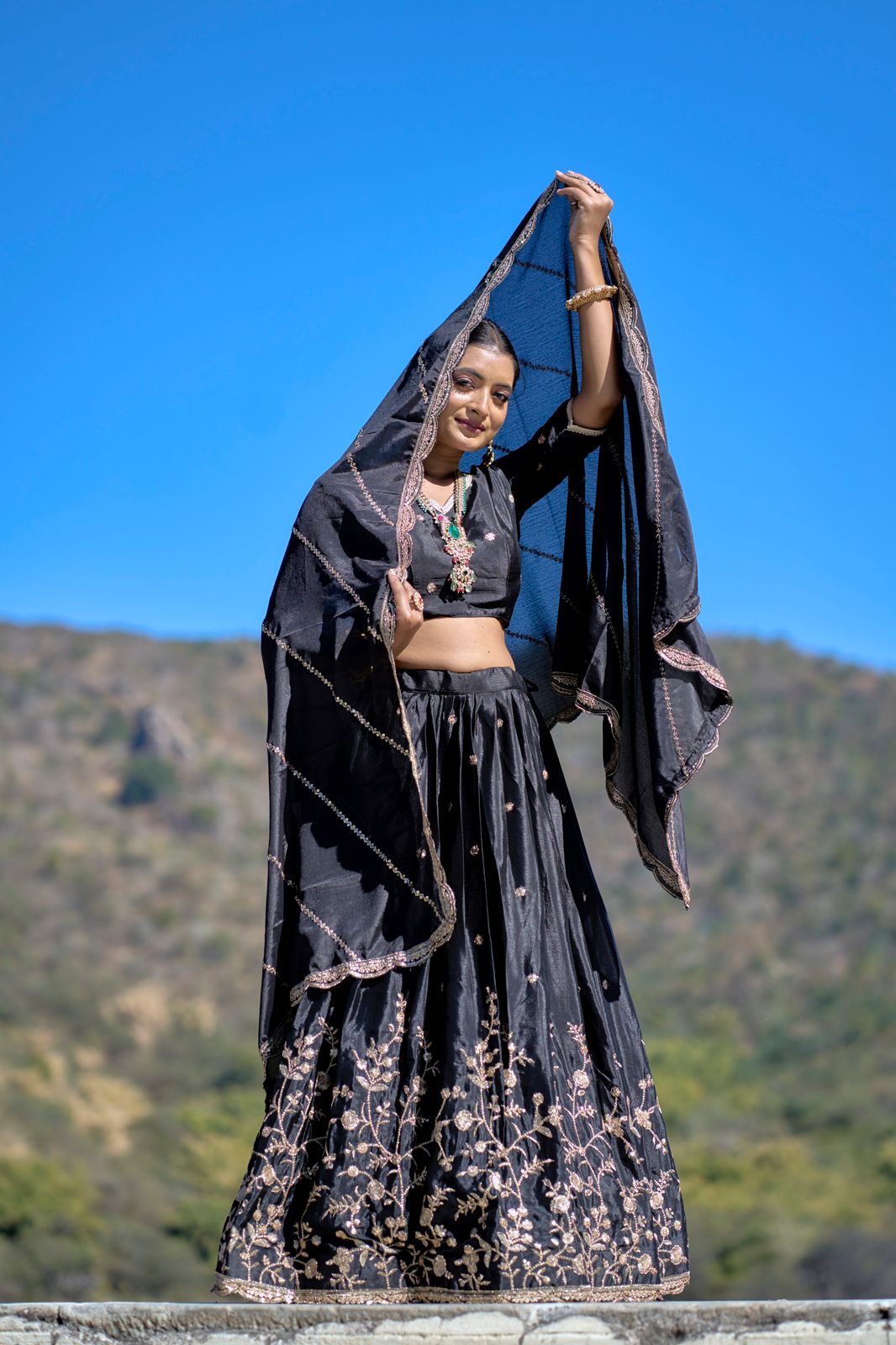 Black color chinon lehenga choli online