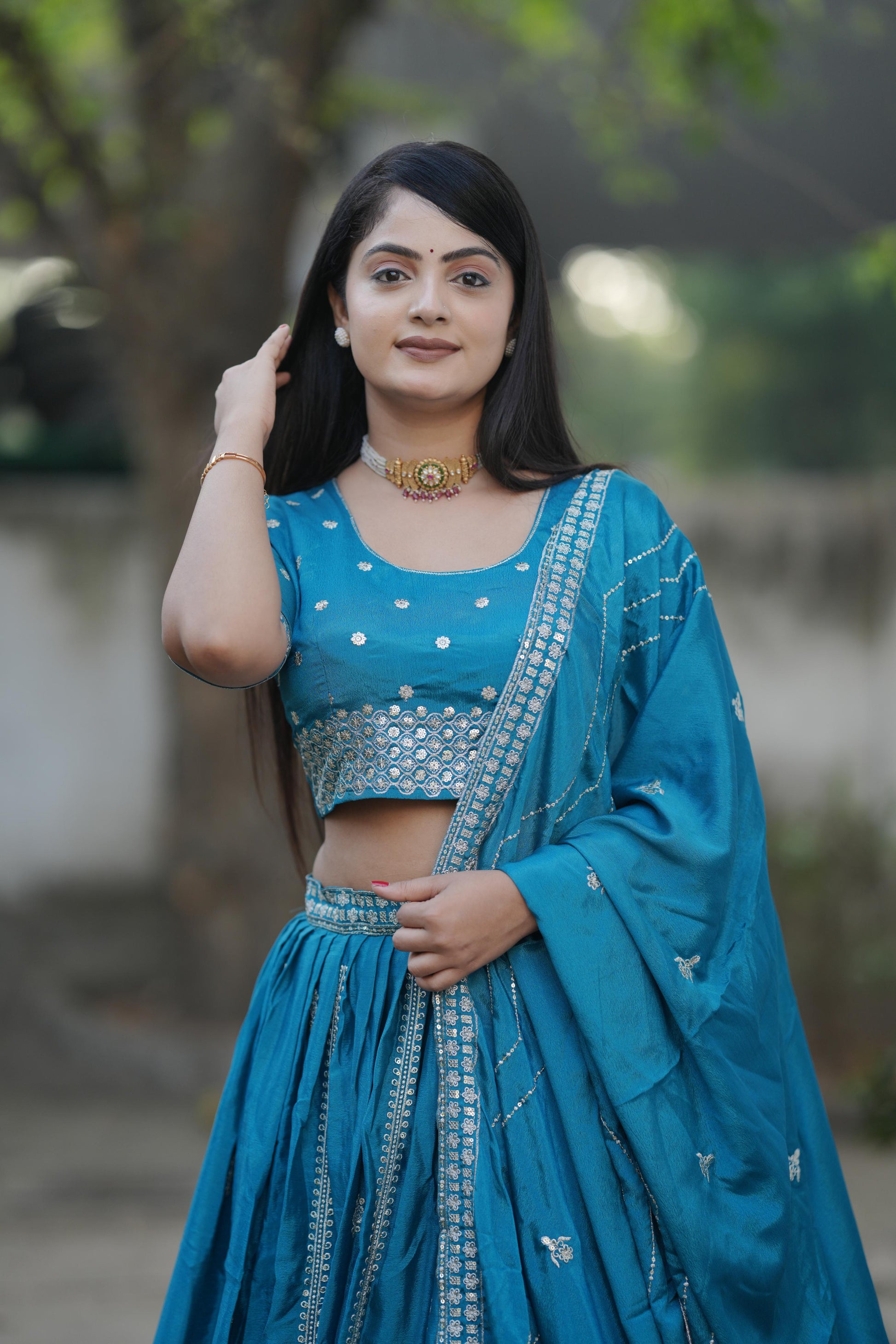 Firozi color chinon lehenga choli with dupatta online