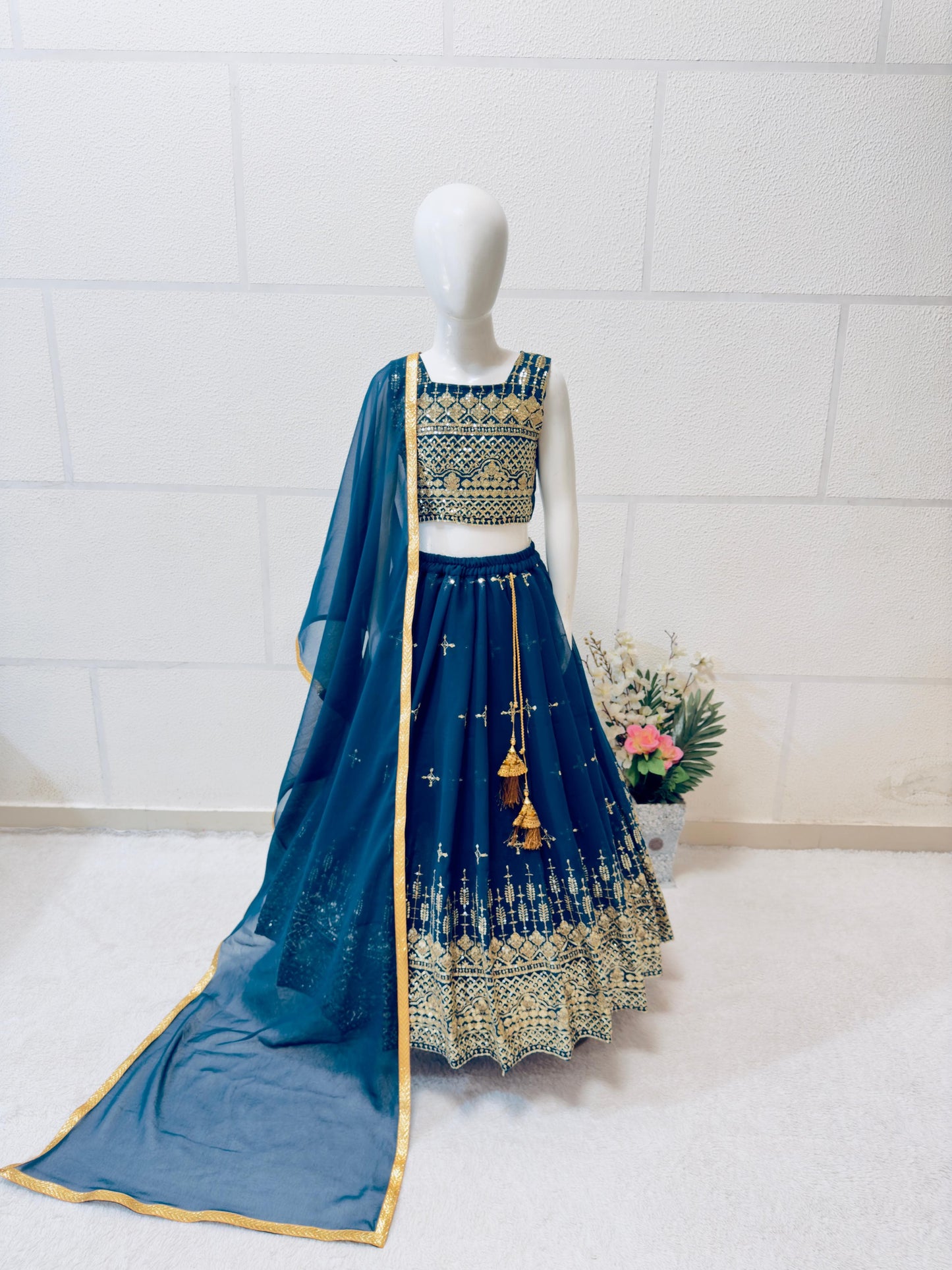 Teal blue color georgette lehenga choli for small girls online