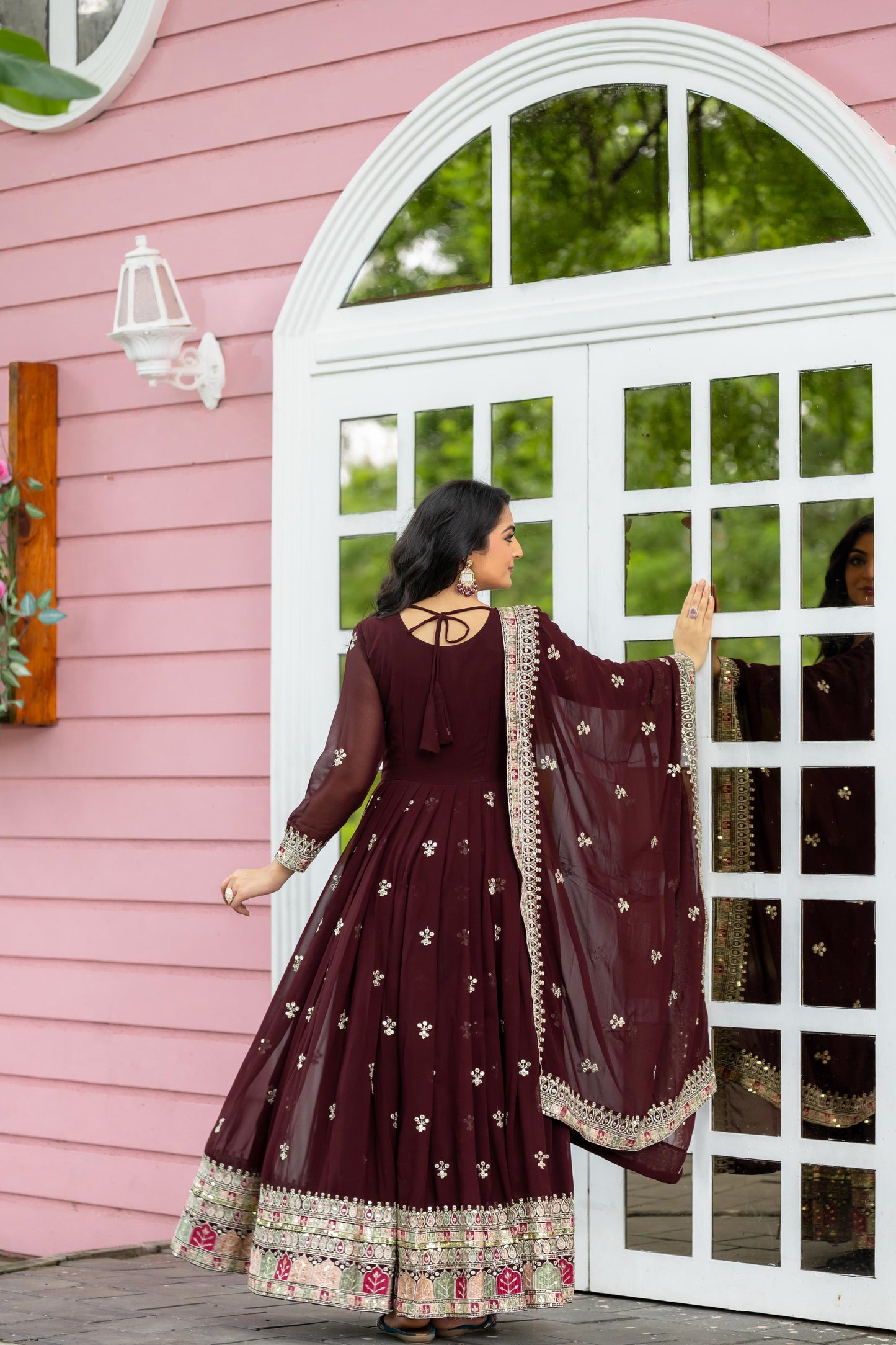 Purple color georgette long gown for wedding
