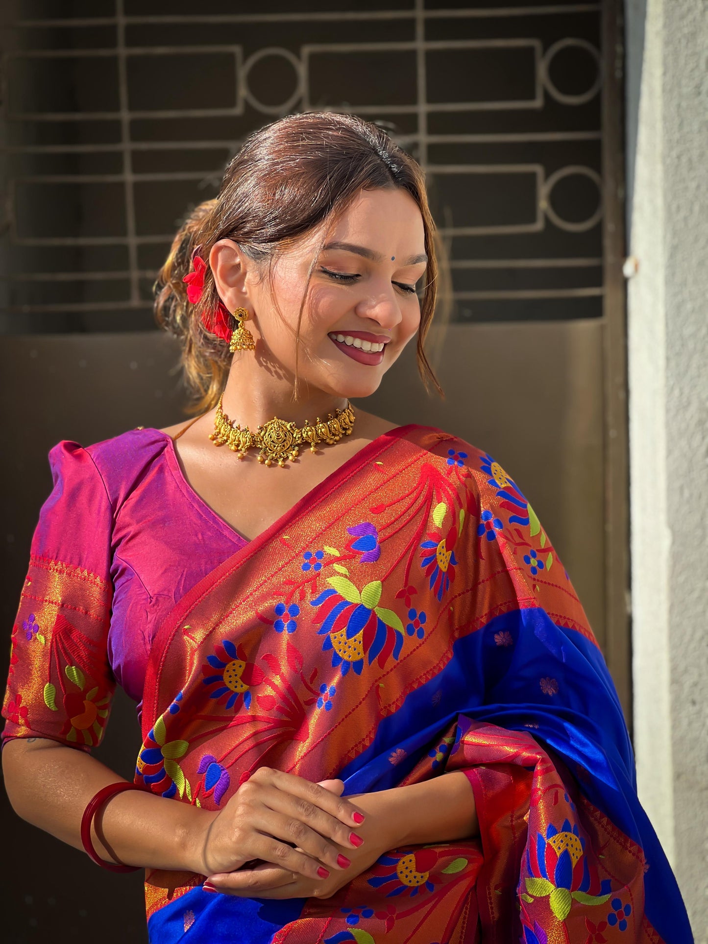 Blue color soft silk saree with blouse price