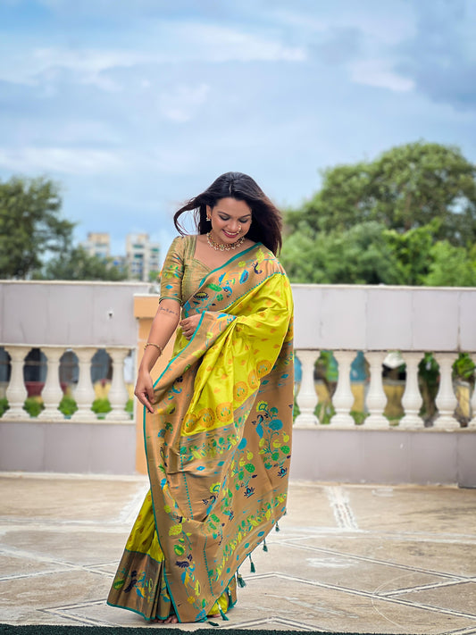 Parrot green color paithani silk saree with blouse