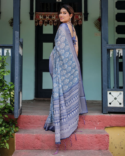 Sky blue color linen saree with blouse online