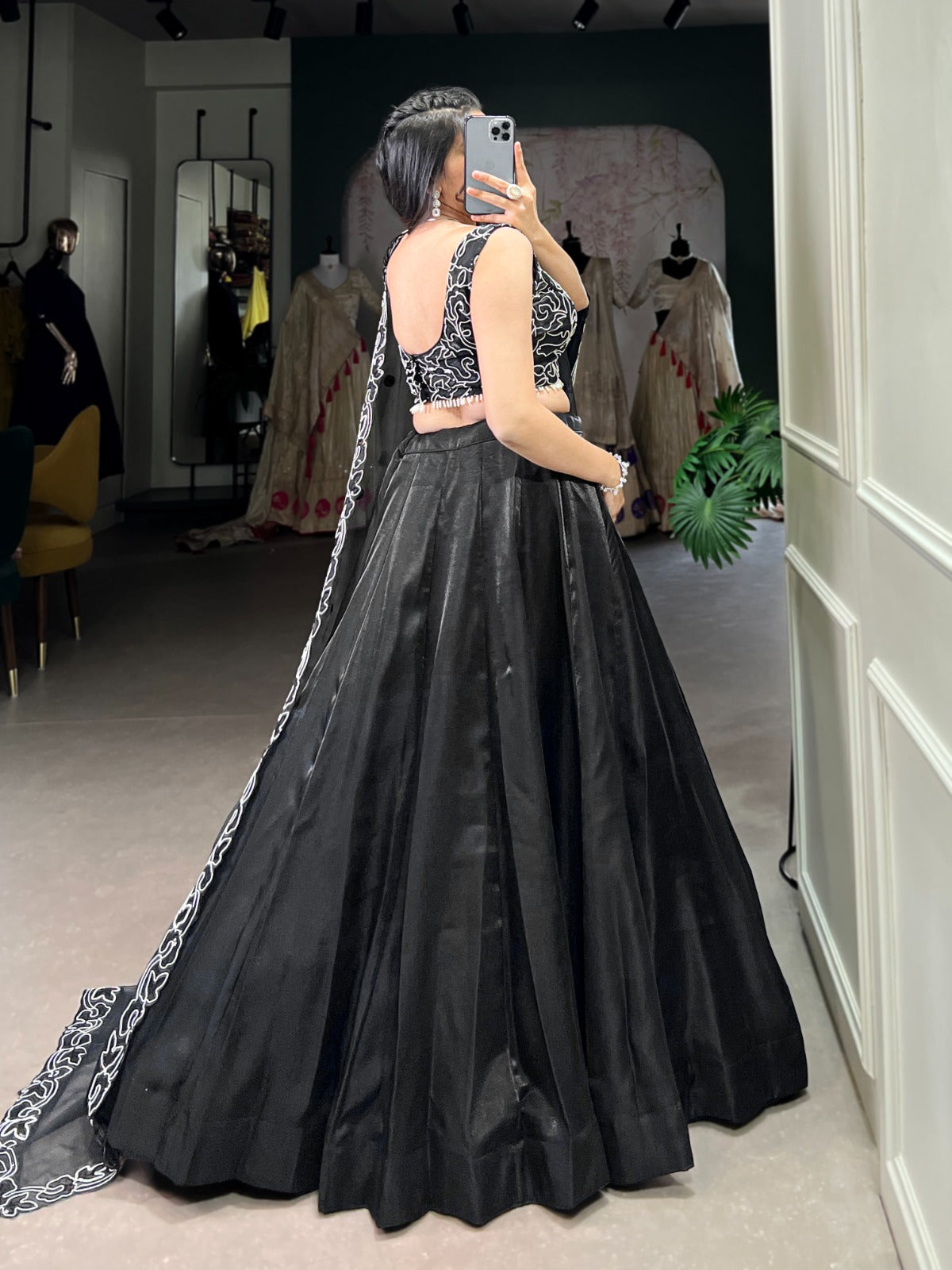 Black color star satin lehenga choli with dupatta design