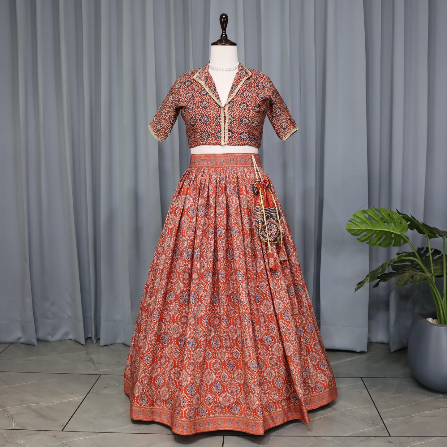 Orange silk crepe lehenga choli for women