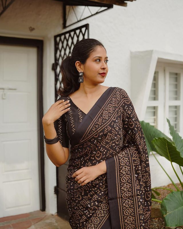 Black color linen printed saree with blouse for party