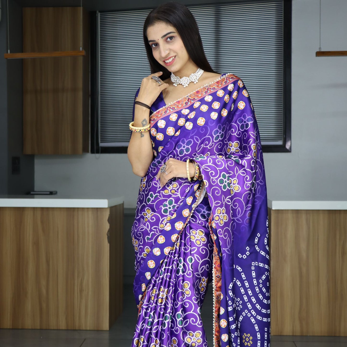 Purple color satin saree for wedding