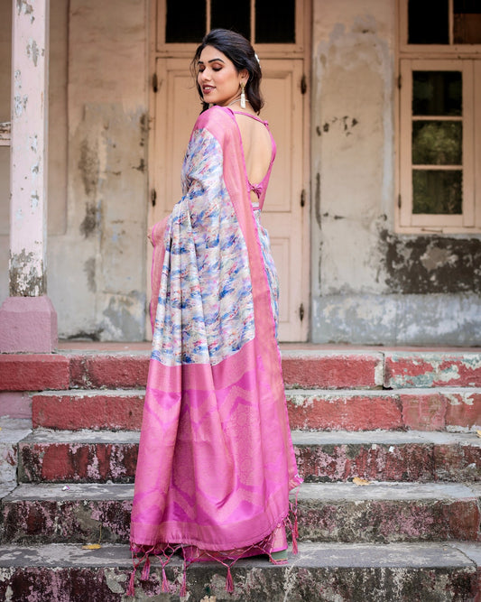 Pink color banarasi silk saree with blouse