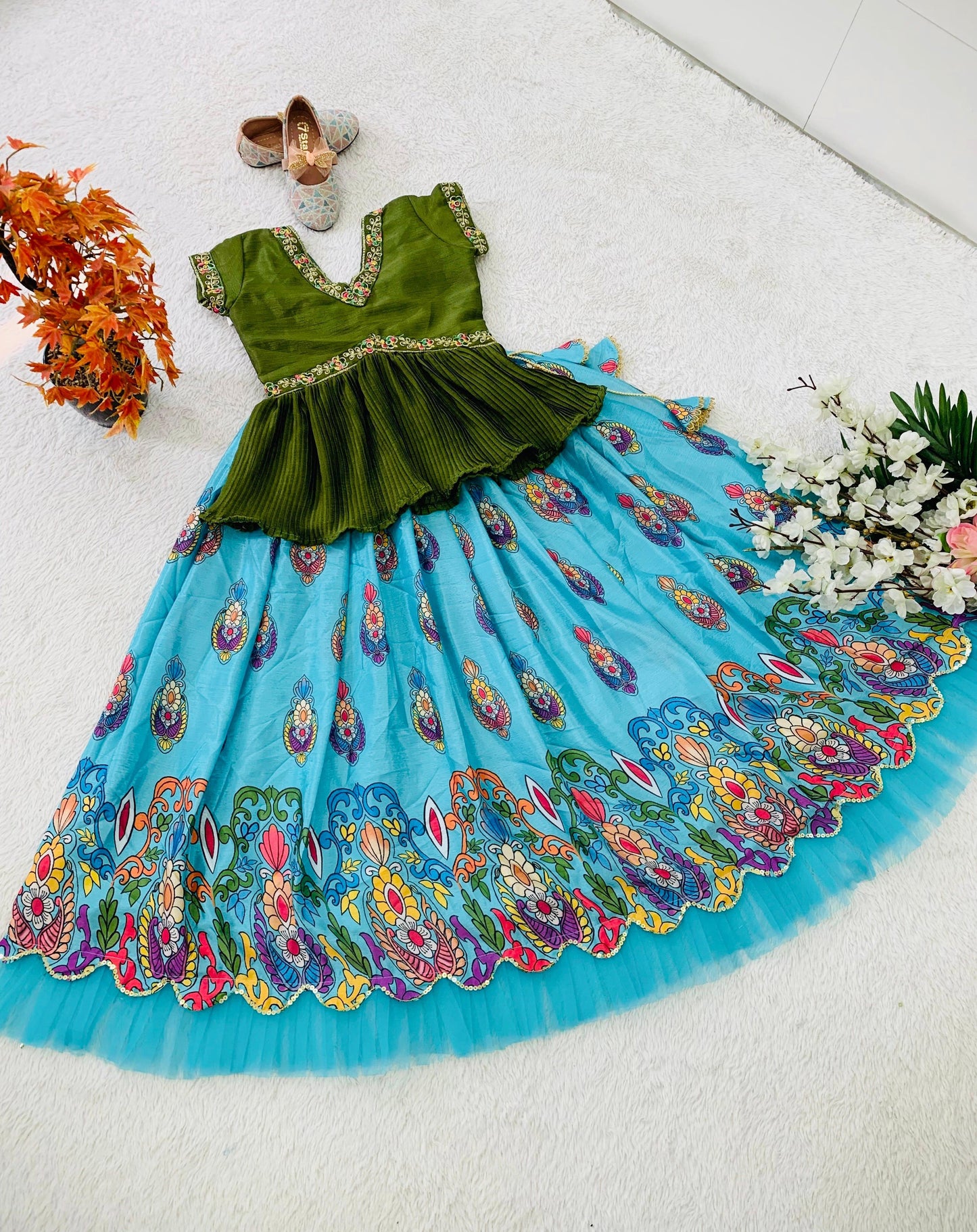 Small girls Sky color chinon silk lehenga with top