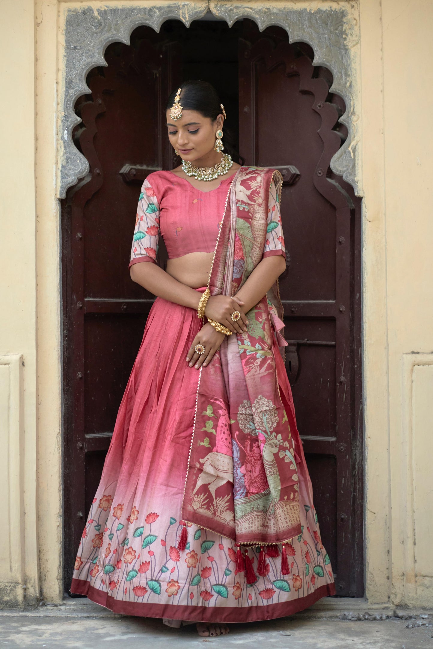 Peach color manipuri silk lehenga choli with dupatta online shopping
