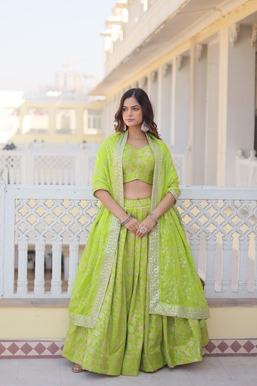 Green color viscose jacquard lehenga choli for women price
