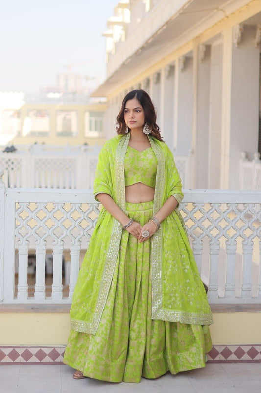 Green color viscose jacquard lehenga choli for women price
