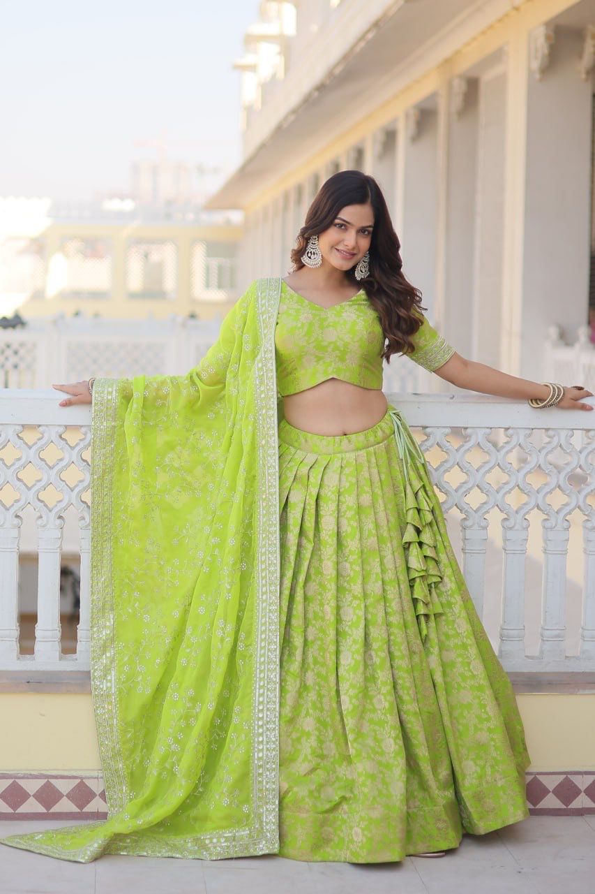 Green color viscose jacquard lehenga choli for women online