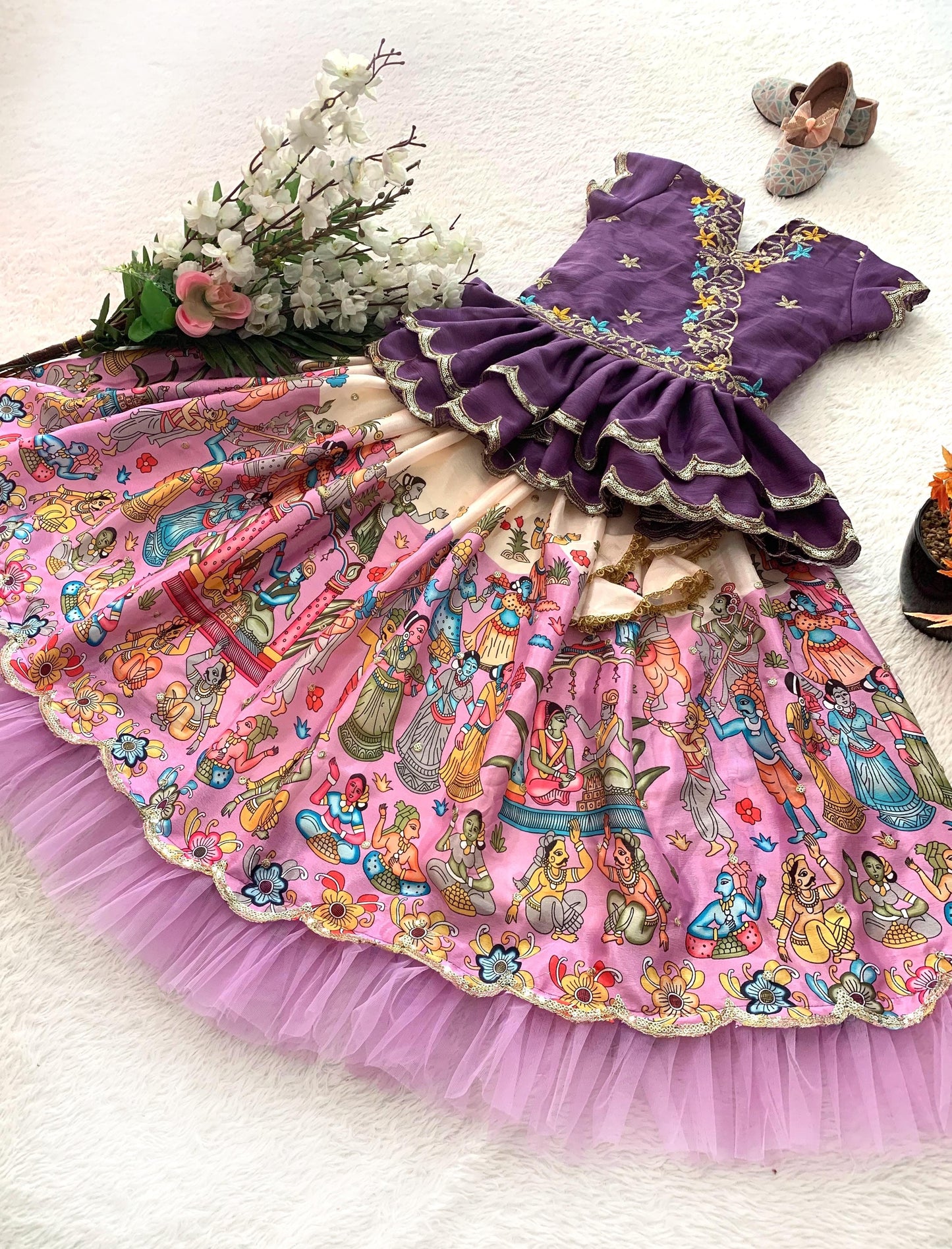 Pink color chinon silk girls lehenga choli images