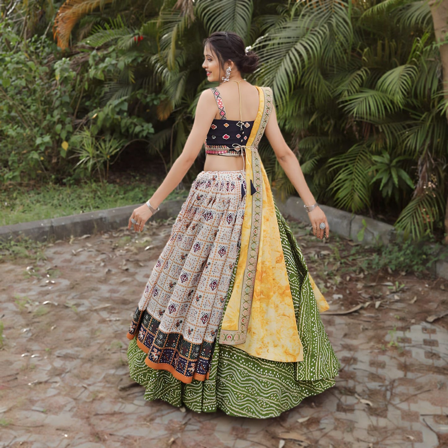 Green color slub cotton printed lehenga choli