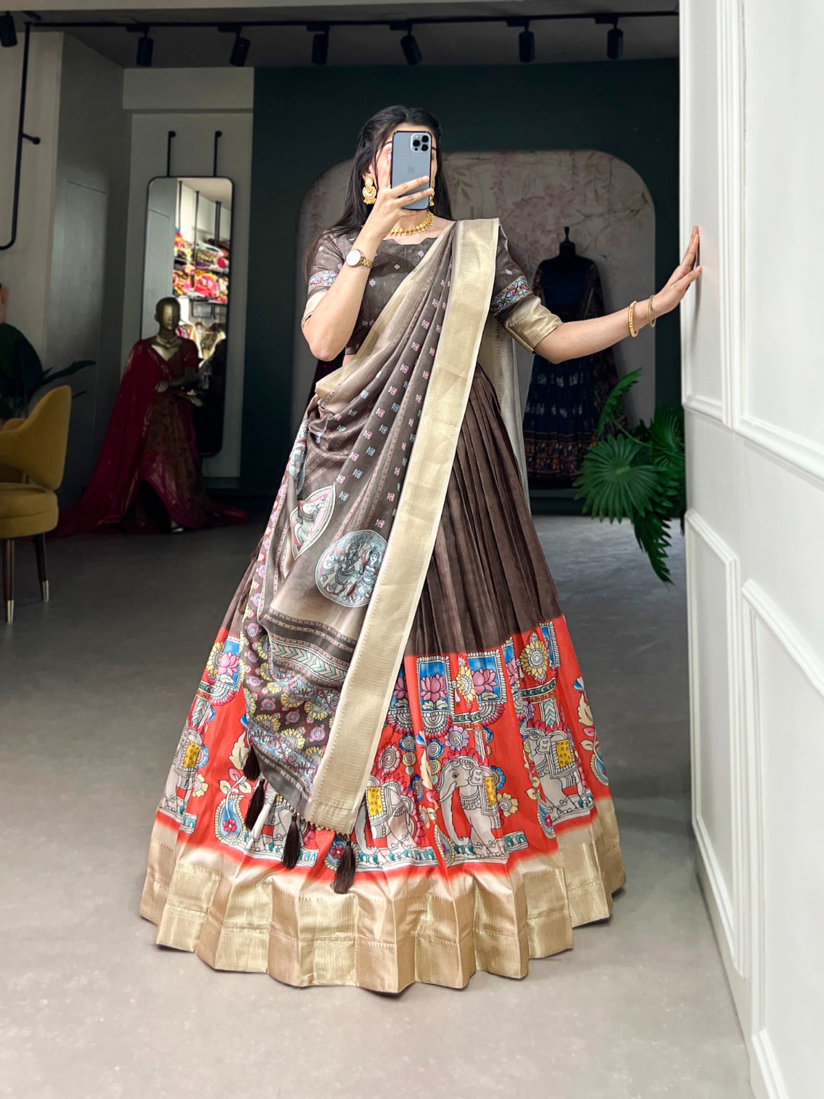 Brown Simple traditional lehenga choli dola silk