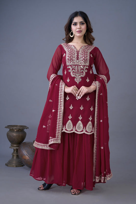 Maroon color georgette sharara suit for wedding