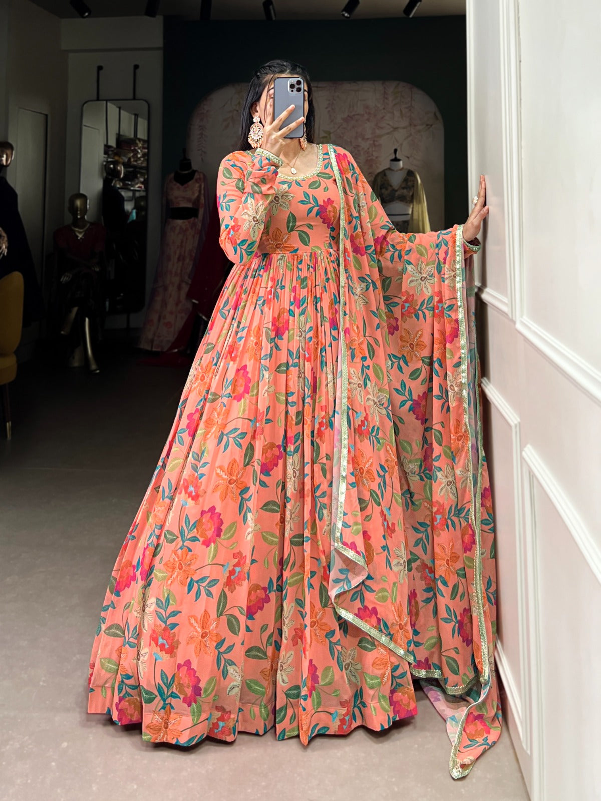 Peach color georgette printed gown with dupatta images