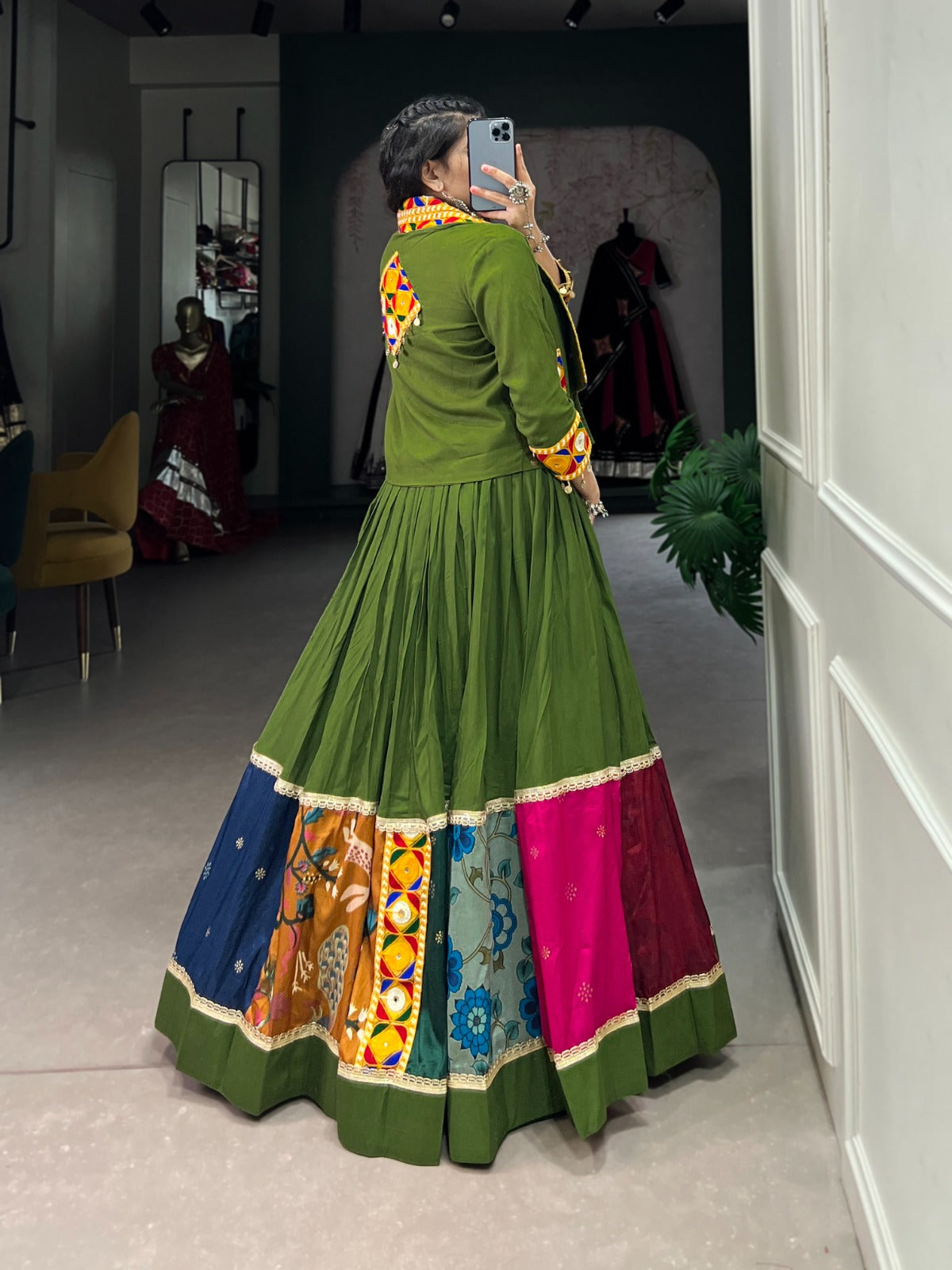 Green traditional lehenga and blouse with koti online shopping
