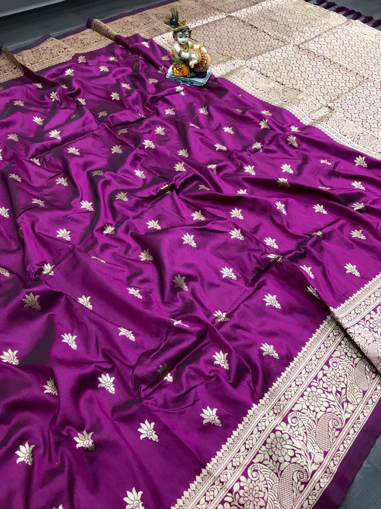 Purple color lichi silk saree with blouse for wedding