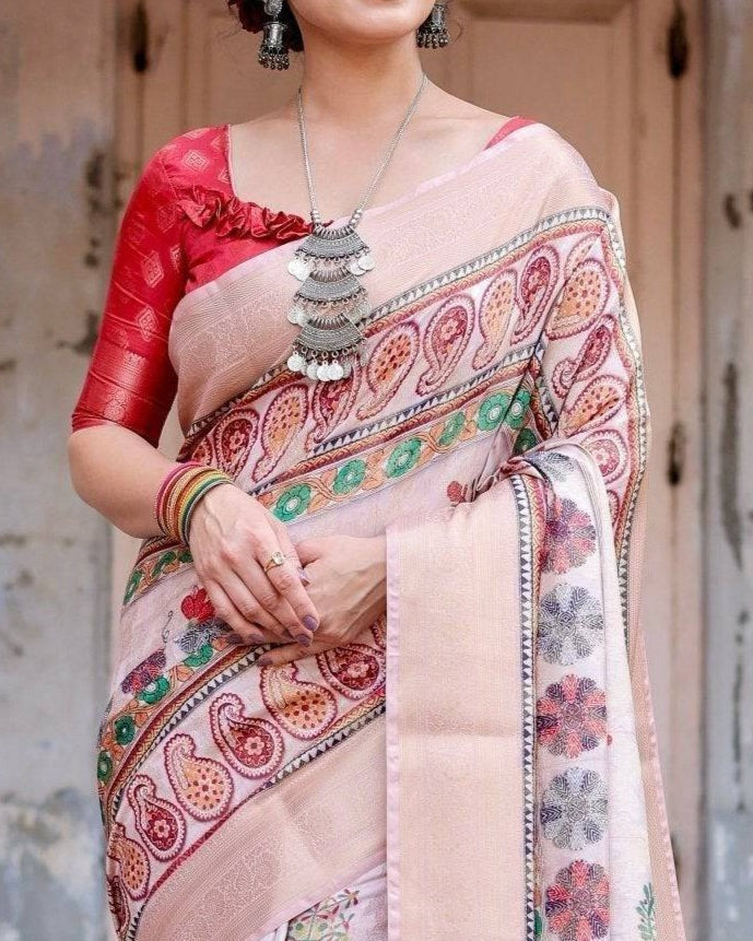 Peach color banarasi silk saree with blouse online shopping