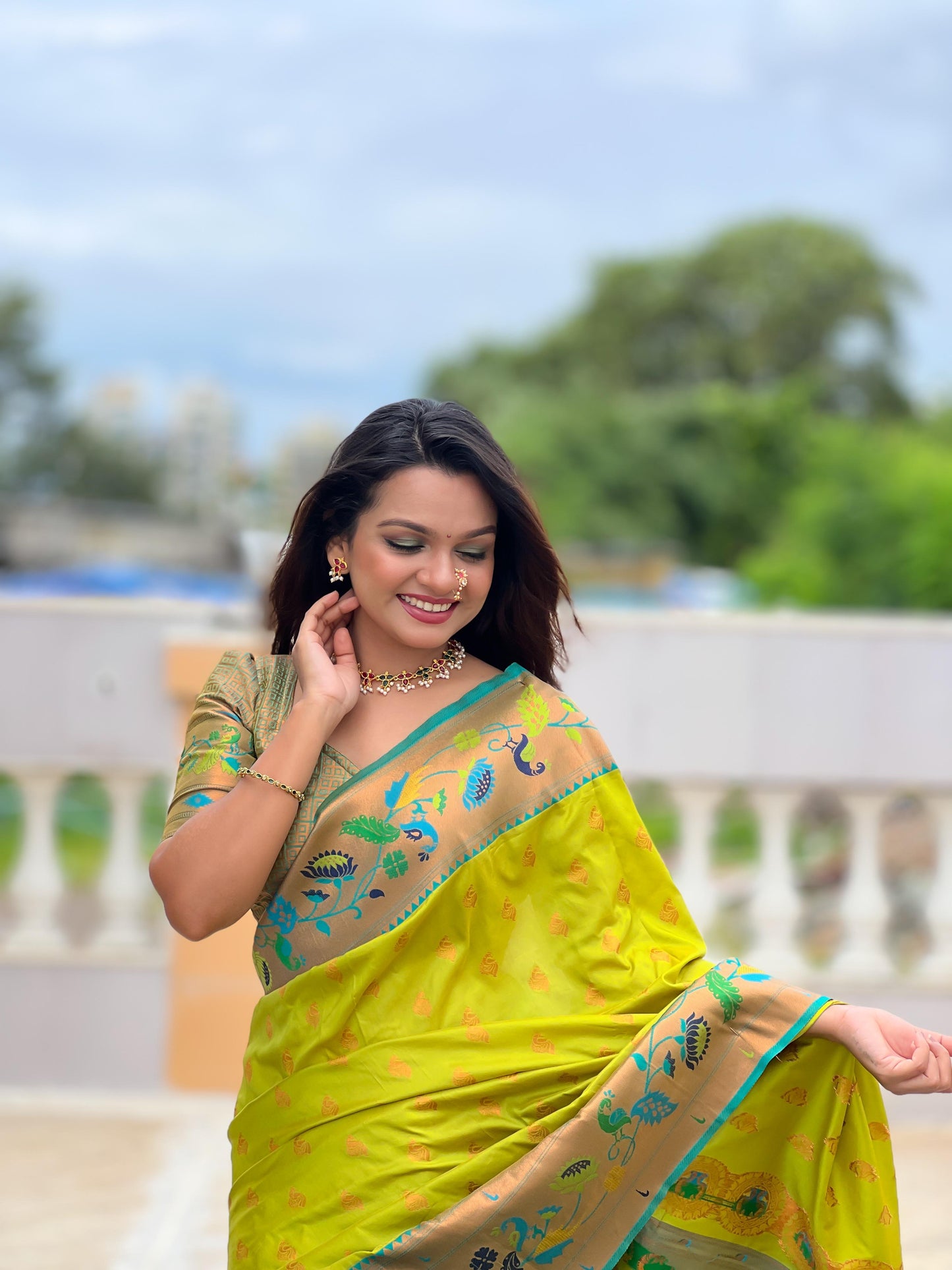 Parrot green color paithani silk saree with blouse images