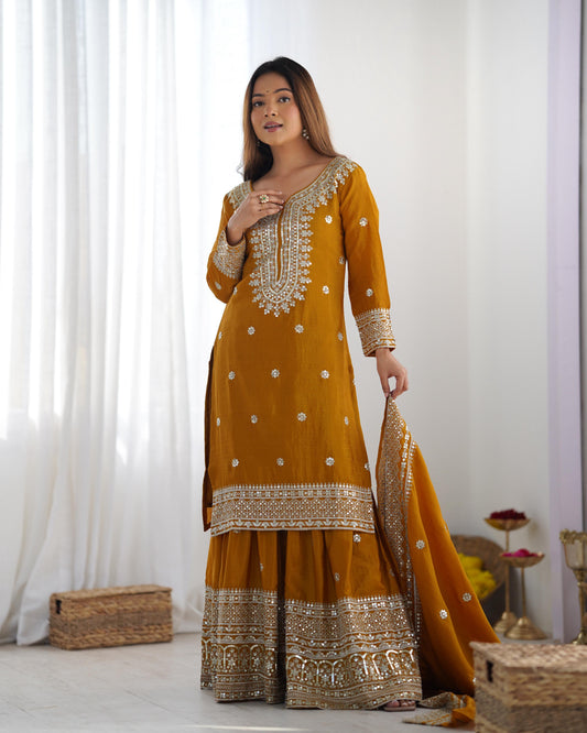 Yellow color chinon silk sharara suit with dupatta online