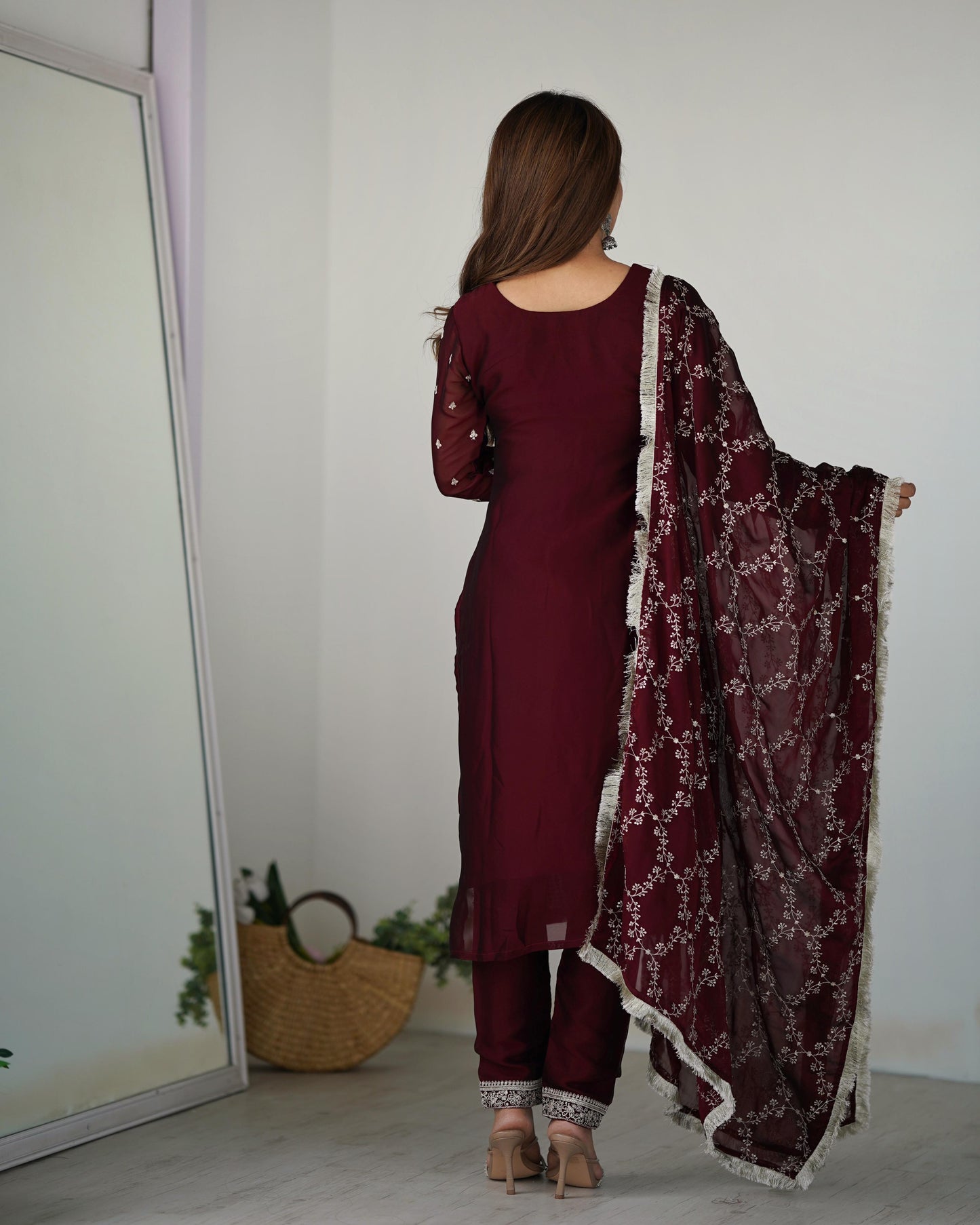 Maroon embroidery work kurti set online