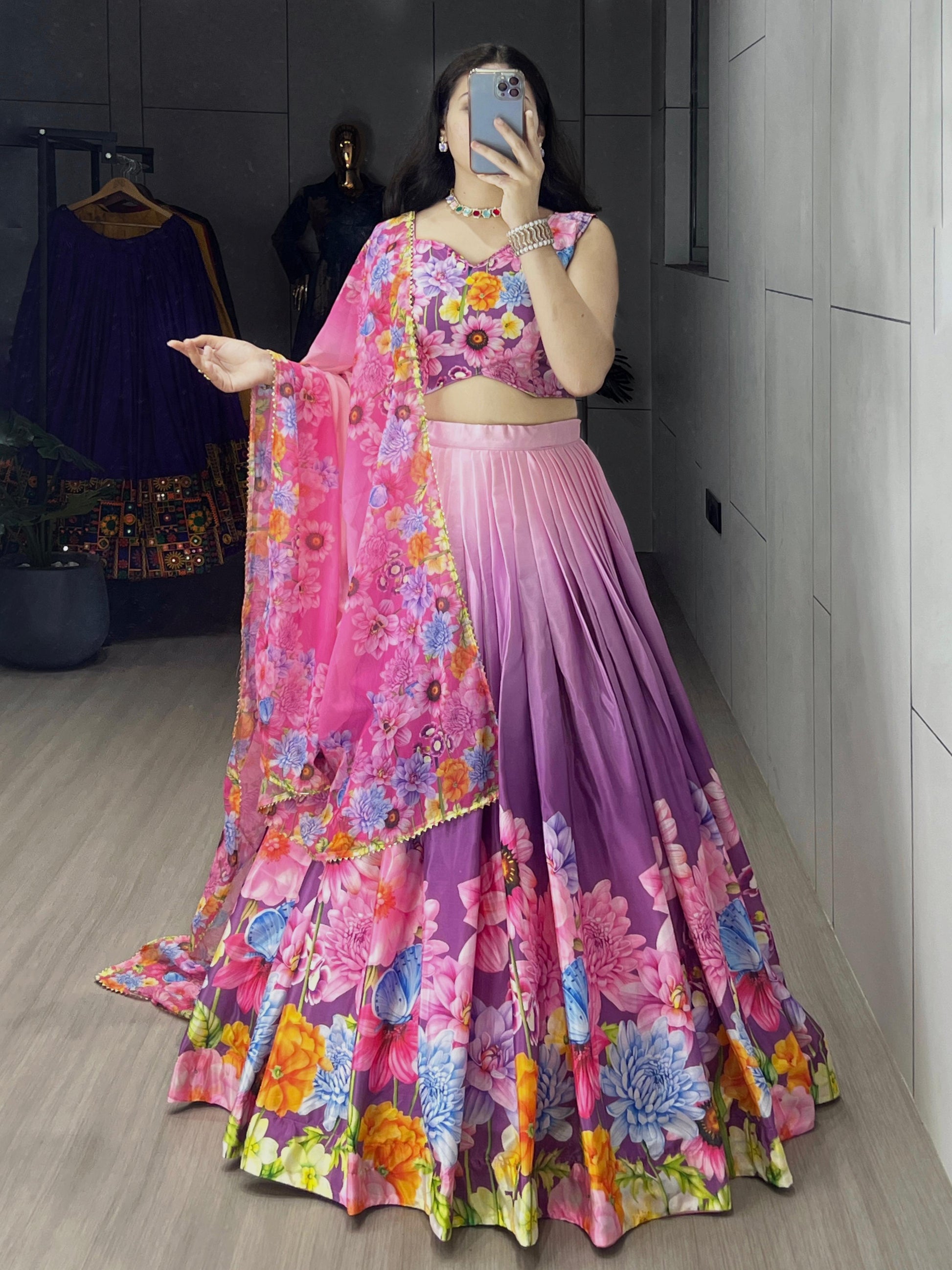 Floral printed chinon purple chaniya choli with price
