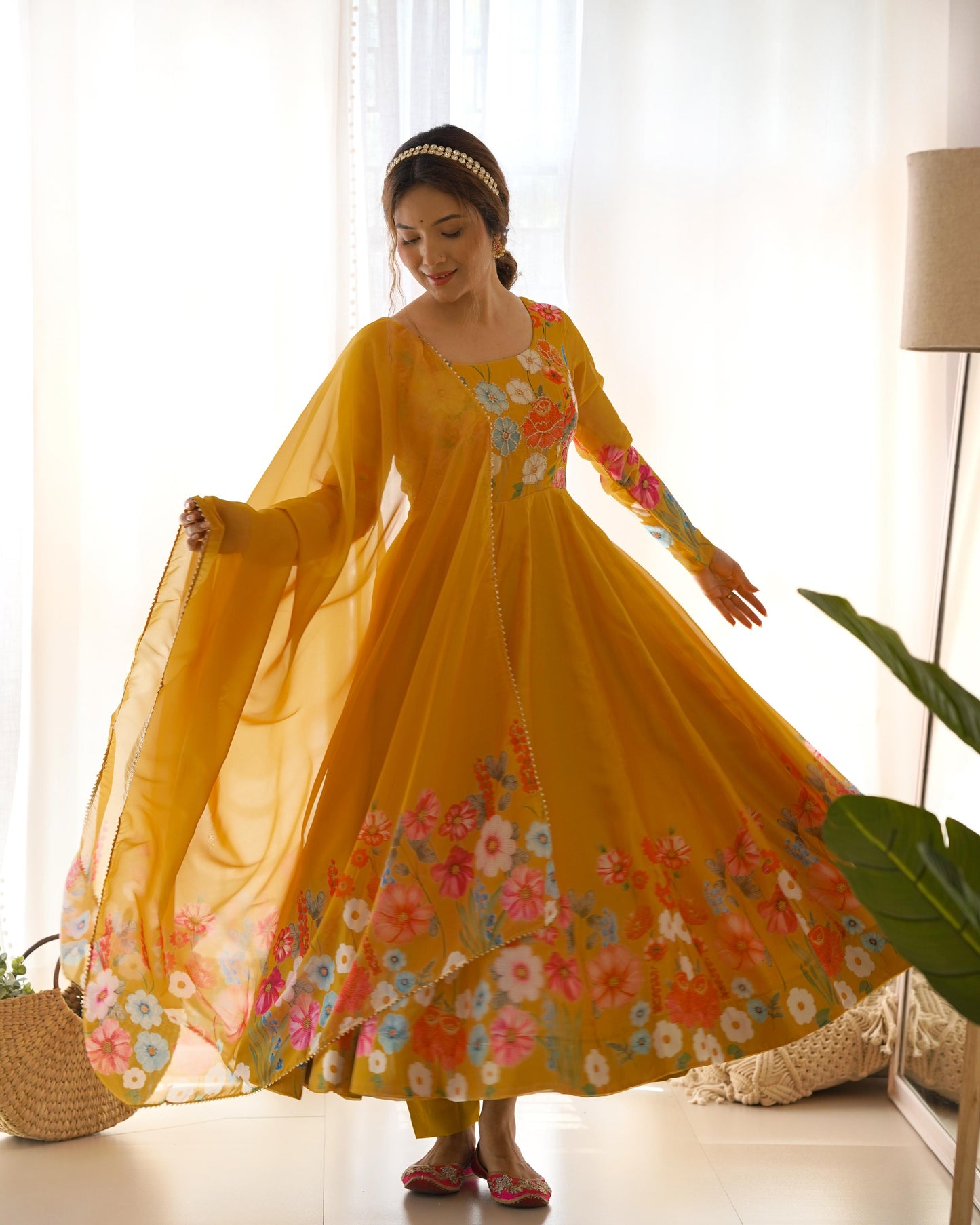 Yellow color floral design gown with dupatta