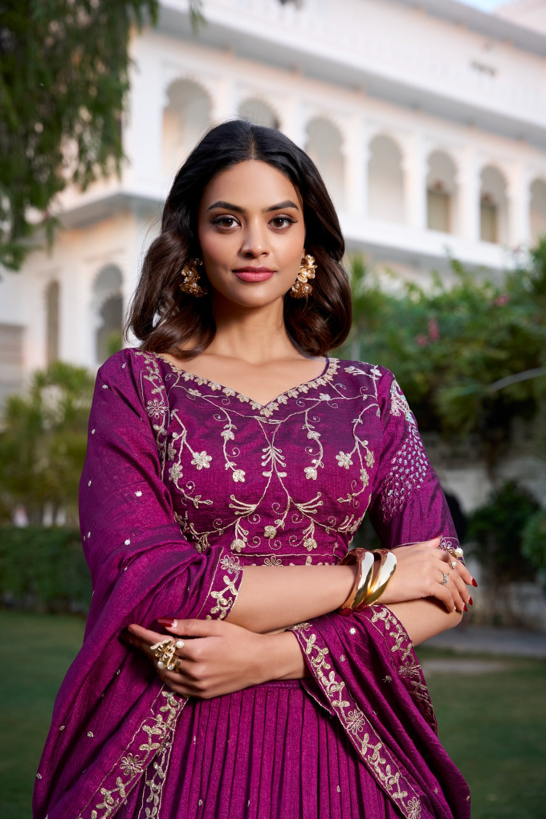 Wine color vichitra silk lehenga choli images