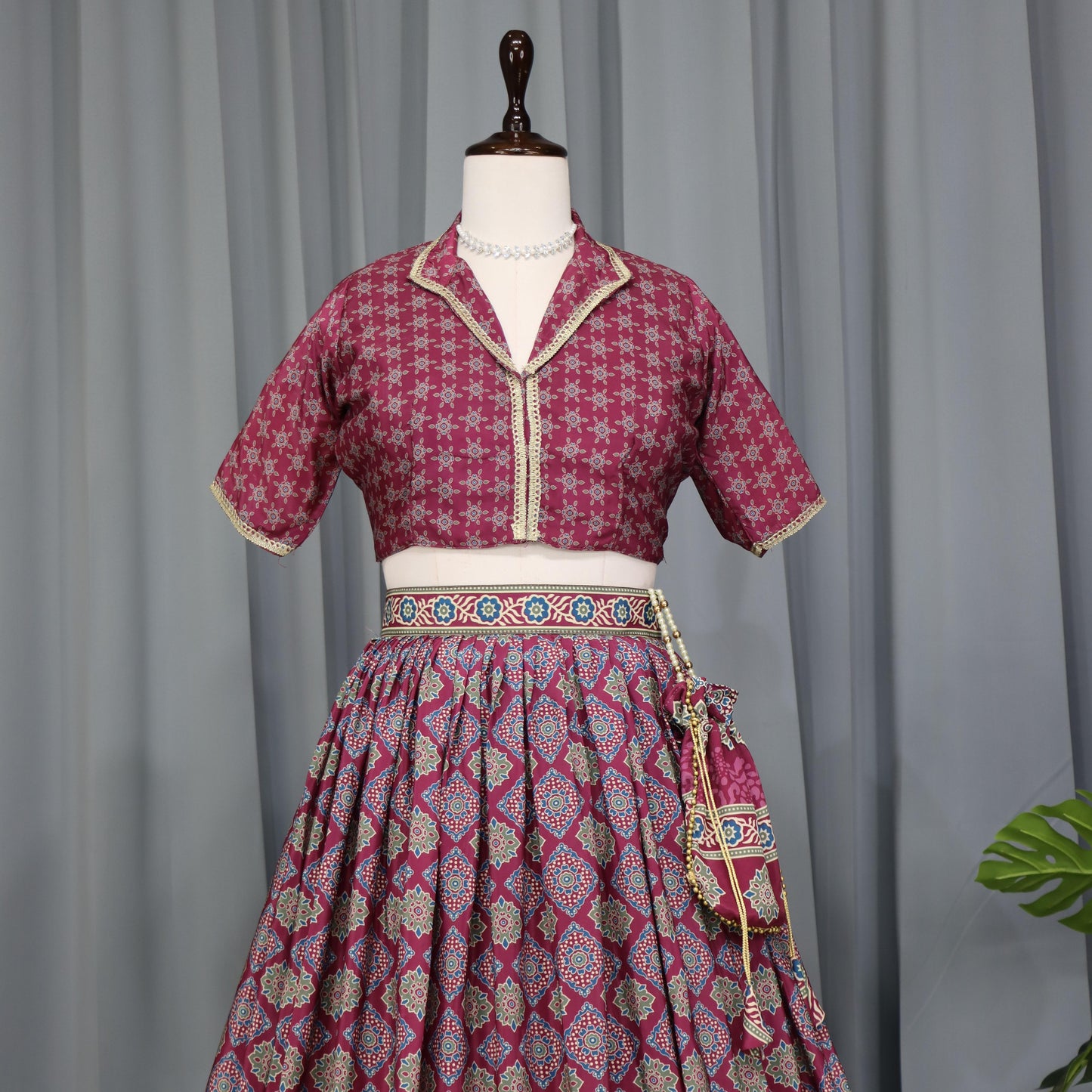 Wine color silk crepe readymade lehenga choli images