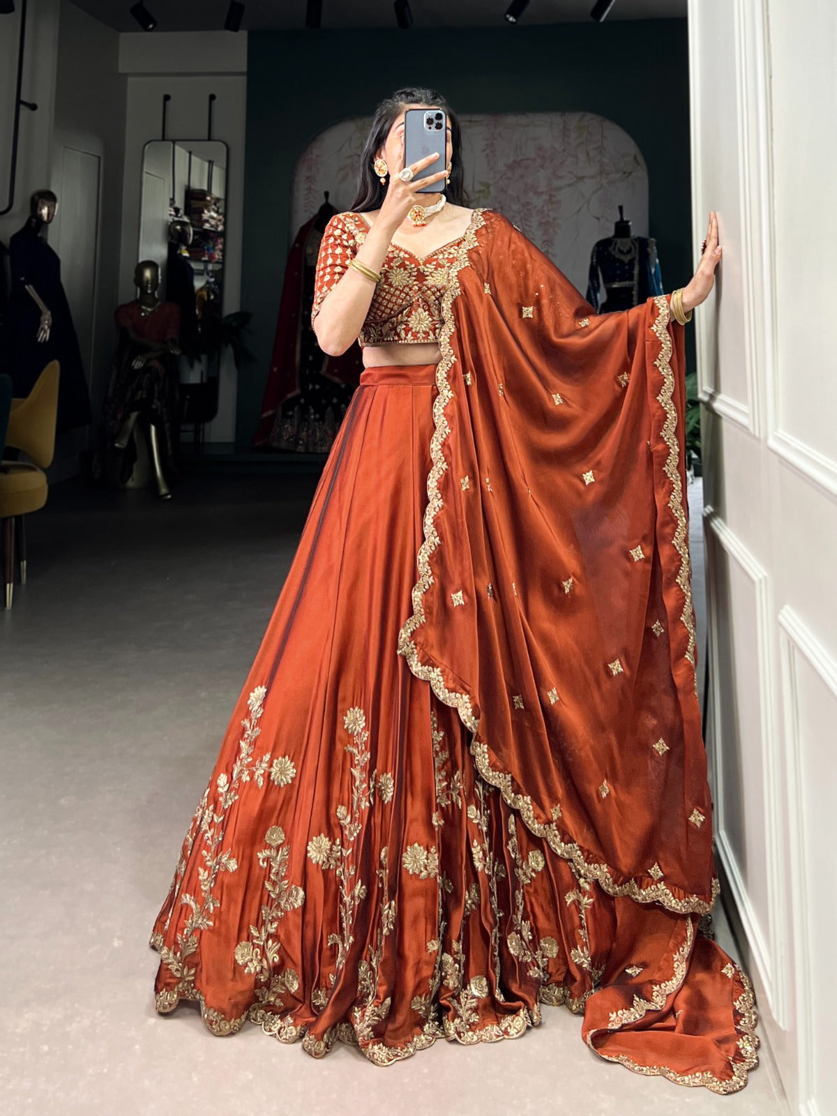 Orange color rangoli silk lehenga choli online