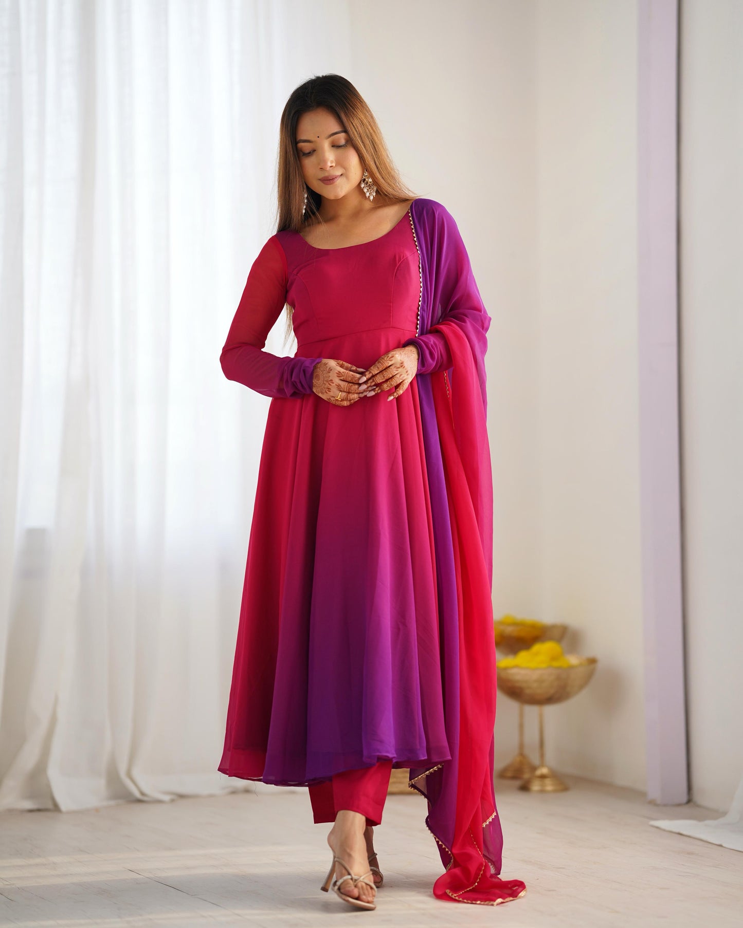 Dark pink color georgette gown with dupatta for party