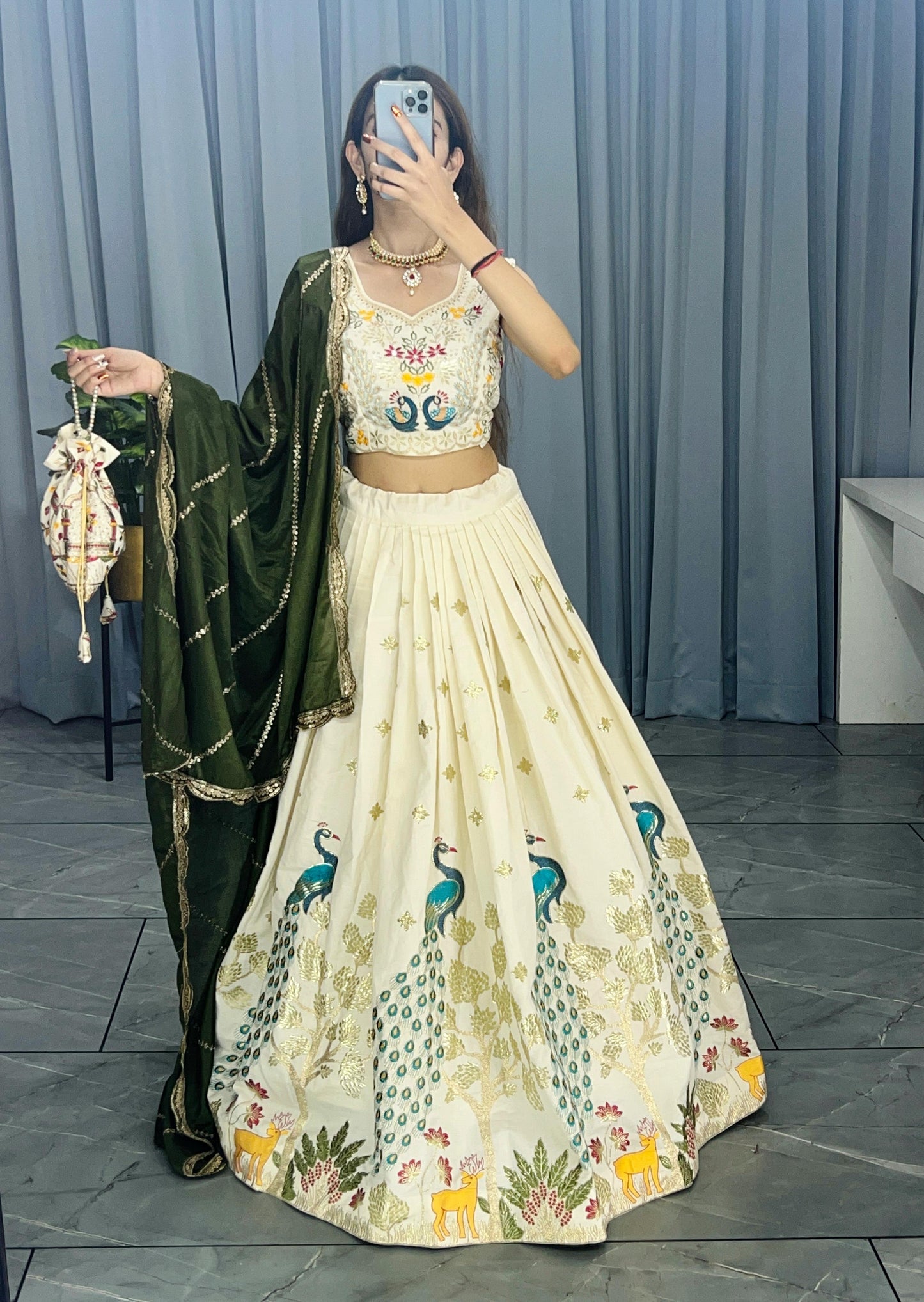 Mehendi color cotton lehenga choli with dupatta images