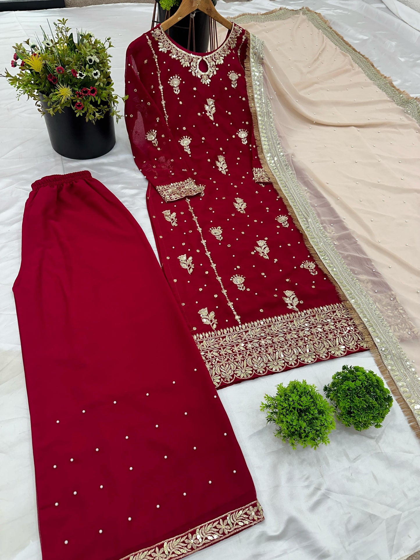Red color georgette plazzo suit with dupatta for wedding