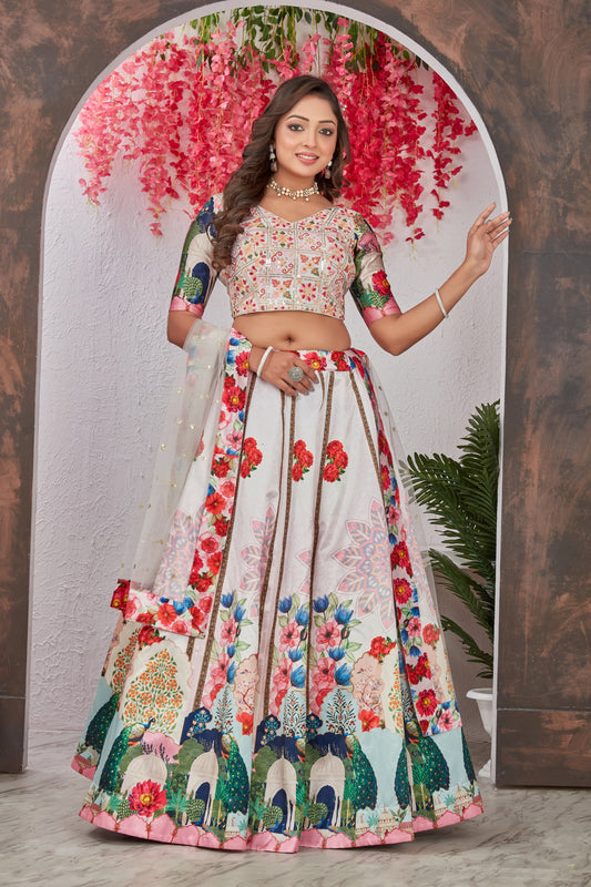 Off White color medonna silk lehenga choli for wedding wear