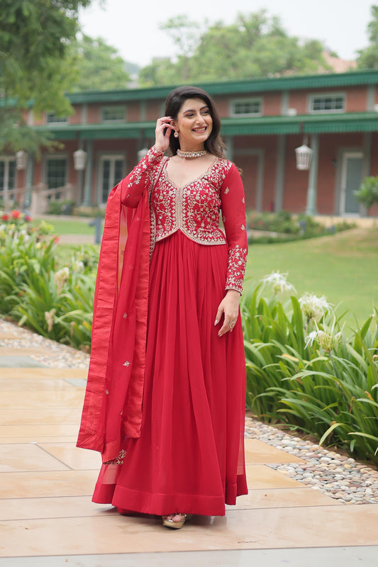 Long sleeve red georgette gown for women