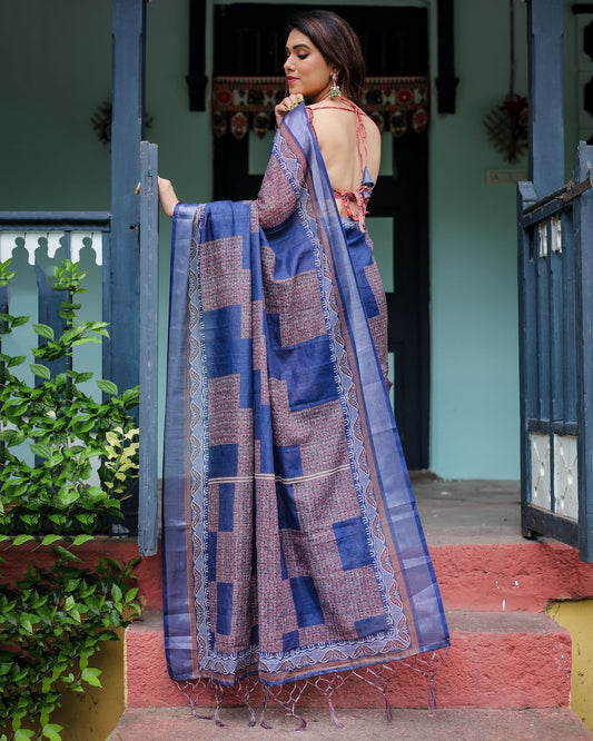 Blue color linen saree with blouse online