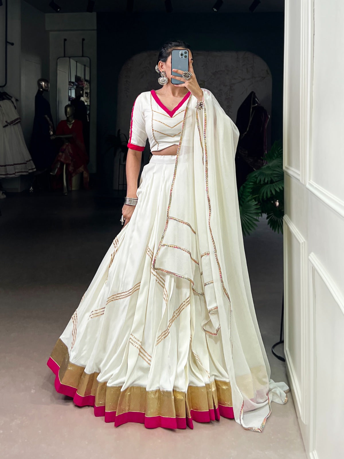 Gamthi work white ghagra choli with dupatta