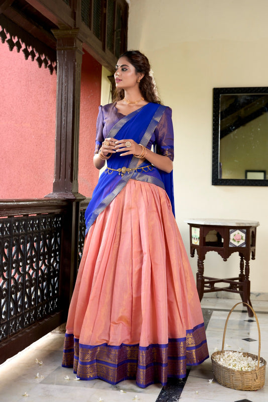 Peach color kanchipuram lehenga choli for women