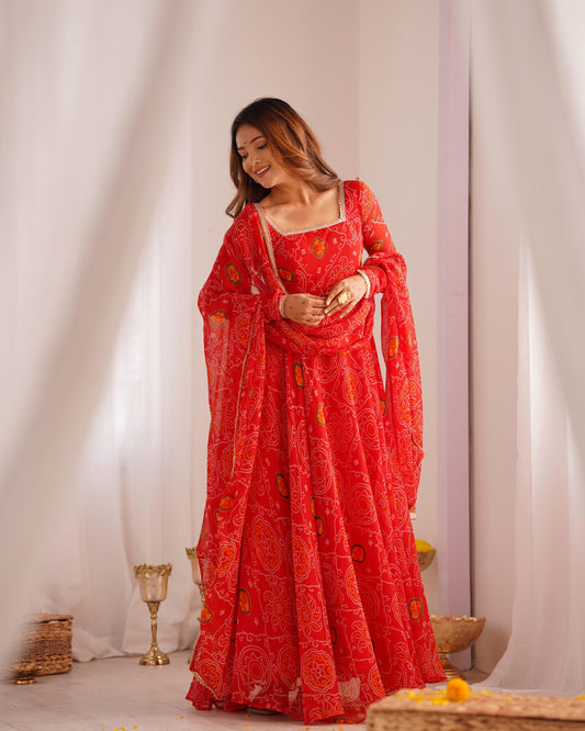 Red color chiffon bandhej long gown with dupatta for women