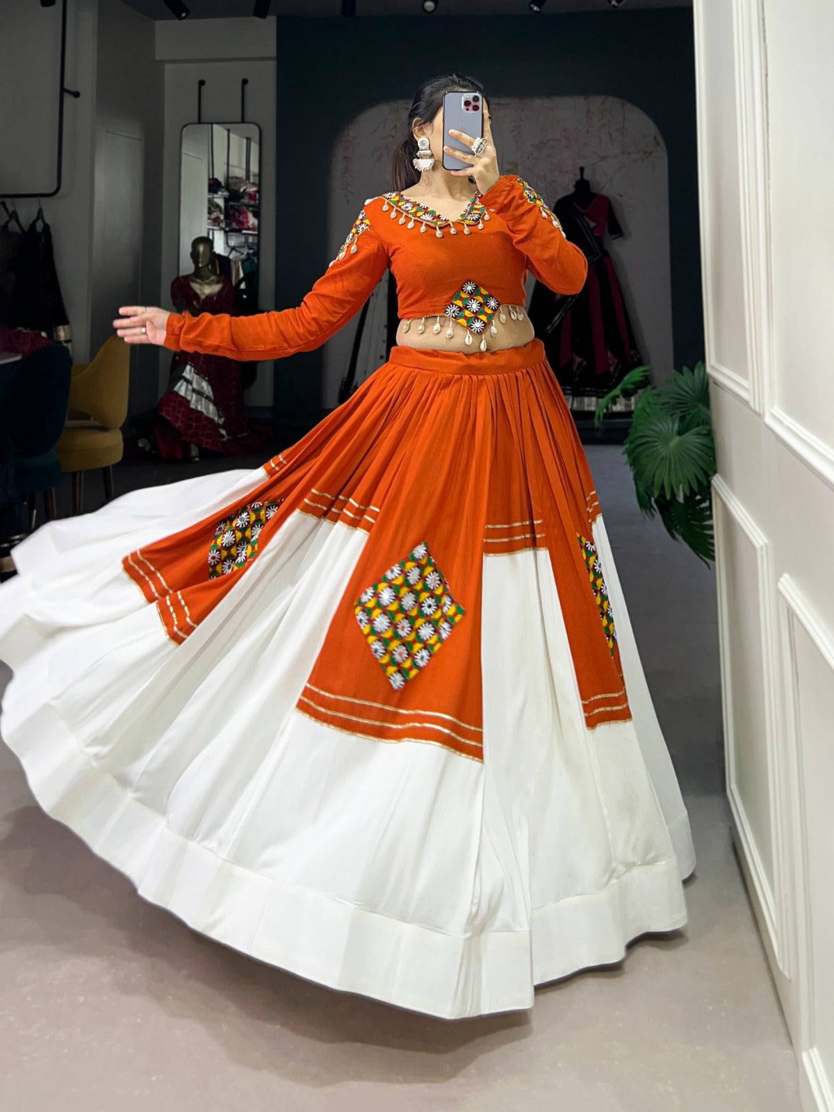 Orange color gamthi work chaniya choli in USA