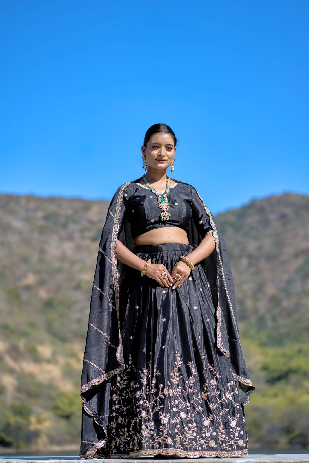 Black color chinon lehenga choli price