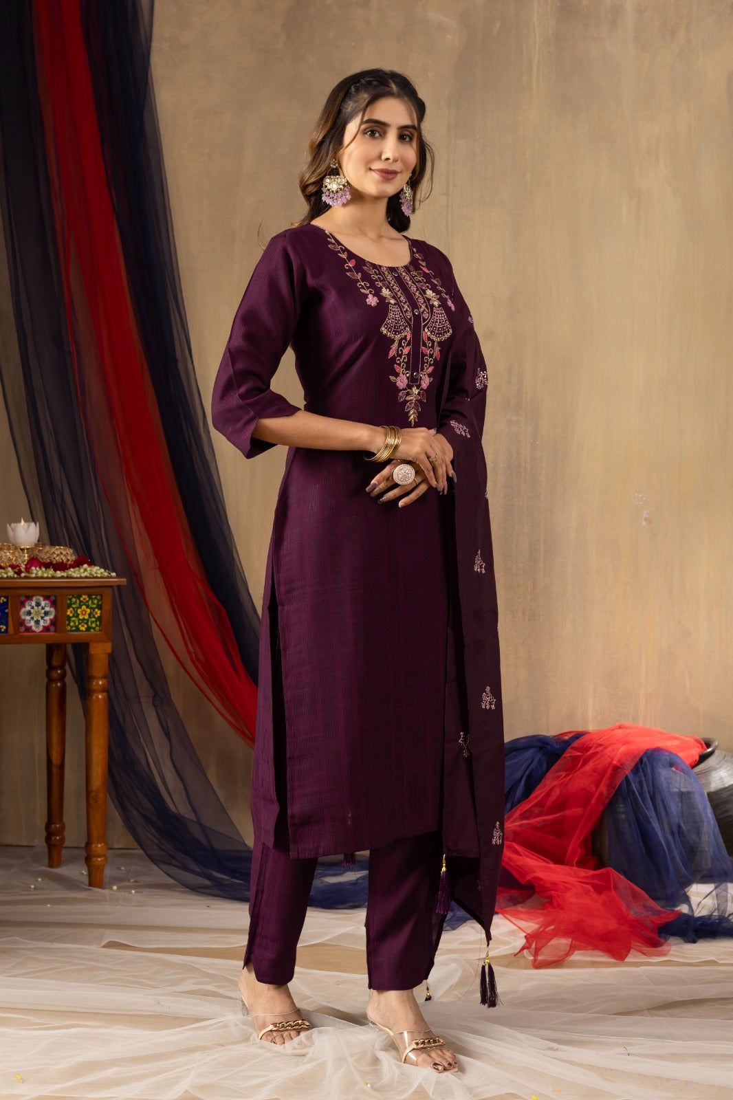 Wine viscose salwar suit with dupatta online shopping